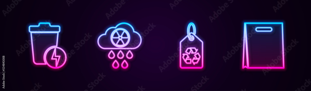 Set line Lightning with trash can, Acid rain and radioactive cloud, Tag recycle and Shopping bag. Glowing neon icon. Vector Set line Lightning with trash can, Acid rain and radioactive cloud, Tag recycle and Shopping bag. Glowing neon icon. Vector