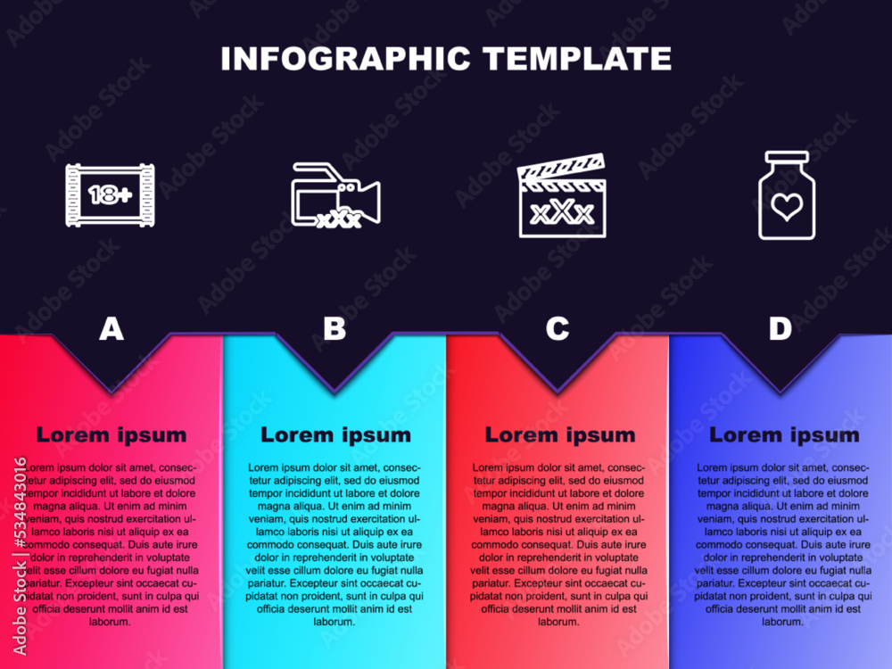Set line Play Video with 18 plus, camera Sex, Movie clapper and Bottle pills for potency. Business infographic template. Vector Set line Play Video with 18 plus, camera Sex, Movie clapper and Bottle pills for potency. Business infographic template. Vector