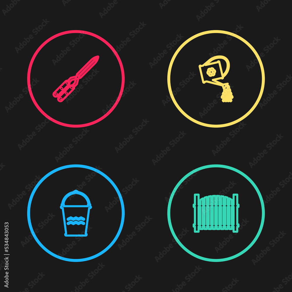 Set line Bucket, Garden fence, Watering can and Gardening handmade scissor icon. Vector Set line Bucket, Garden fence, Watering can and Gardening handmade scissor icon. Vector