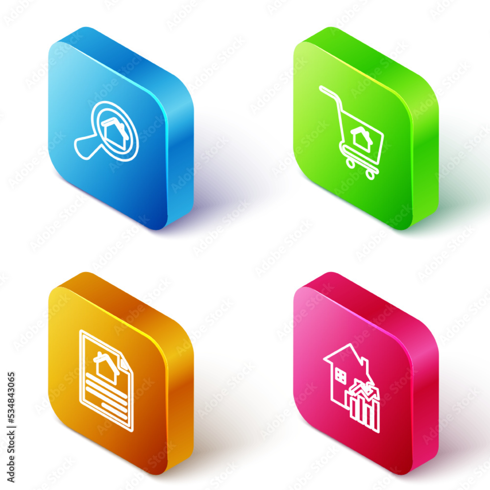Set Isometric line Search house, Shopping cart with, House contract and Rising cost of housing icon. Vector Set Isometric line Search house, Shopping cart with, House contract and Rising cost of housing icon. Vector