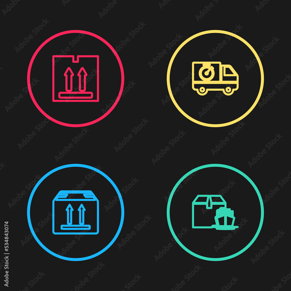 Set line Cardboard box with traffic, Cargo ship boxes, Delivery truck and stopwatch and icon. Vector Set line Cardboard box with traffic, Cargo ship boxes, Delivery truck and stopwatch and icon. Vector
