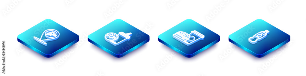Set Isometric line Location with slice pizza, Soda drink donut, Coffee and burger and Bottle water icon. Vector Set Isometric line Location with slice pizza, Soda drink donut, Coffee and burger and Bottle water icon. Vector
