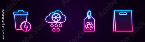 Set line Lightning with trash can, Acid rain and radioactive cloud, Tag recycle and Shopping bag. Glowing neon icon. Vector