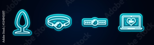 Set line Anal plug, Silicone ball gag, and Laptop with 18 plus content. Glowing neon icon. Vector