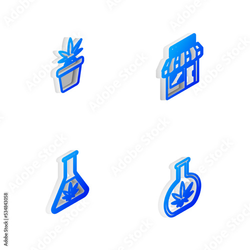 Set Isometric line Marijuana and cannabis store, plant in pot, Test tube with marijuana and icon. Vector