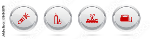 Set line Flashlight, Thermos container, Rafting boat and . Silver circle button. Vector