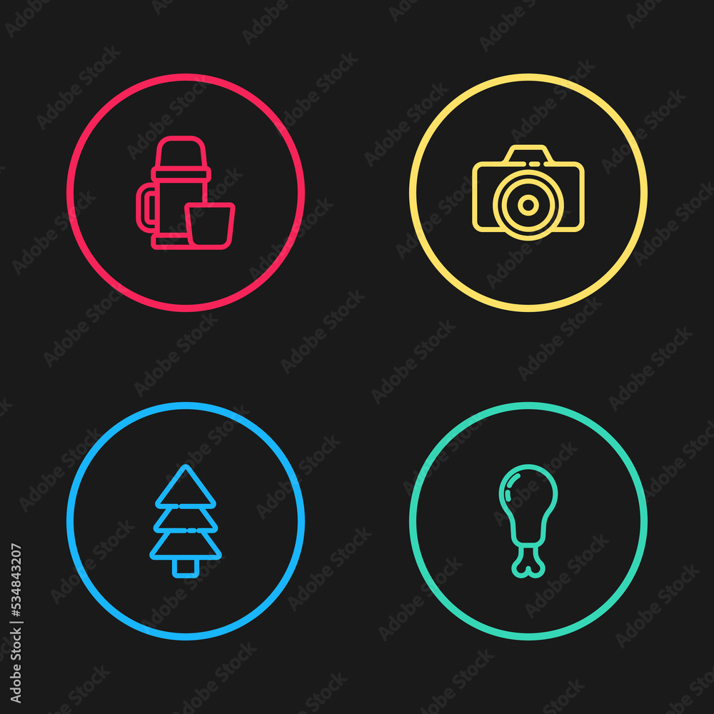 Set line Tree, Chicken leg, Photo camera and Thermos container and cup icon. Vector Set line Tree, Chicken leg, Photo camera and Thermos container and cup icon. Vector