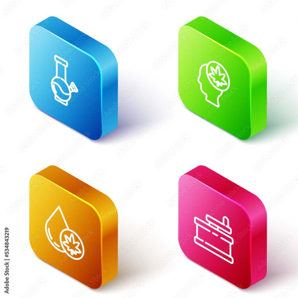 Set Isometric line Glass bong for smoking marijuana, Head with cannabis, Marijuana olive oil and Manual grinder icon. Vector Set Isometric line Glass bong for smoking marijuana, Head with cannabis, Marijuana olive oil and Manual grinder icon. Vector