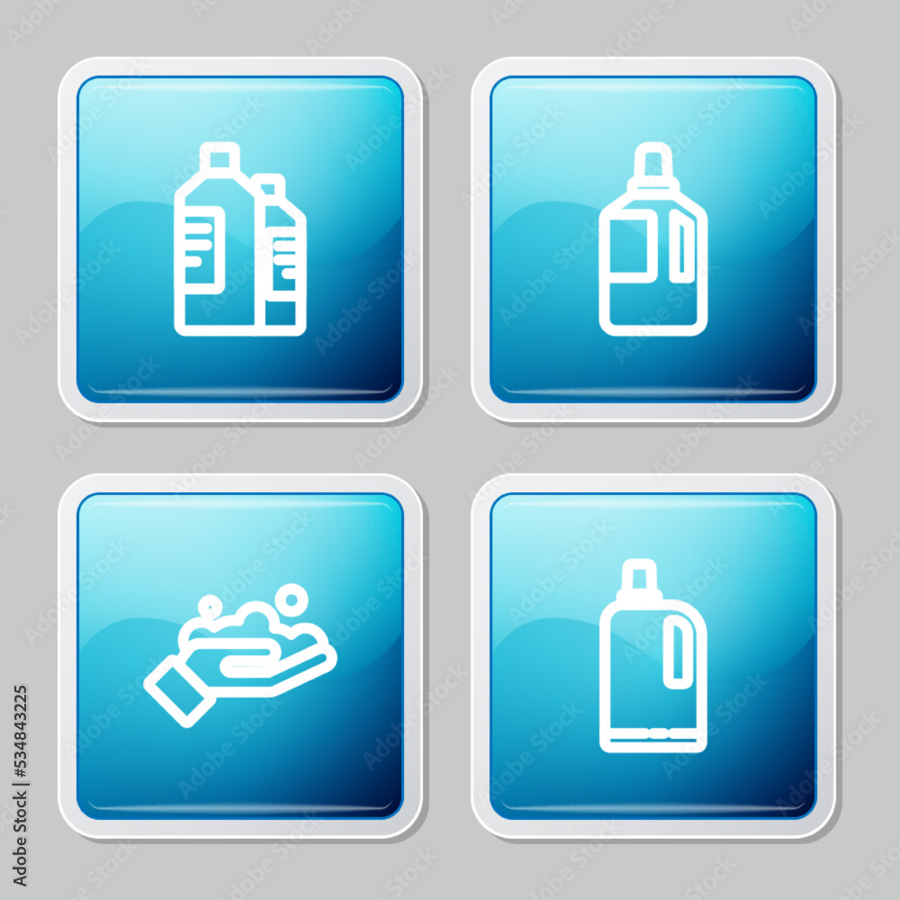 Set line Bottles for cleaning agent, Fabric softener, Washing hands with soap and icon. Vector Set line Bottles for cleaning agent, Fabric softener, Washing hands with soap and icon. Vector