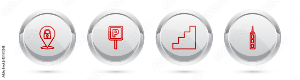 Set line Location lock, Parking, Staircase and Skyscraper. Silver circle button. Vector Set line Location lock, Parking, Staircase and Skyscraper. Silver circle button. Vector