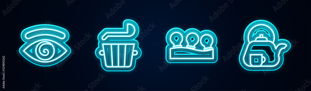 Set line Hypnosis, Sauna bucket and ladle, Vacuum cans and Teapot with cup. Glowing neon icon. Vector Set line Hypnosis, Sauna bucket and ladle, Vacuum cans and Teapot with cup. Glowing neon icon. Vector