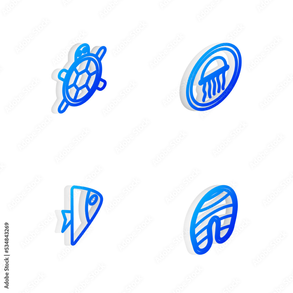 Set Isometric line Jellyfish on a plate, Turtle, Fish and steak icon. Vector Set Isometric line Jellyfish on a plate, Turtle, Fish and steak icon. Vector