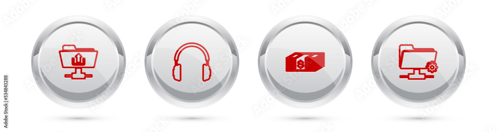 Set line FTP folder upload, Headphones, Paper money dollars cash and settings. Silver circle button. Vector Set line FTP folder upload, Headphones, Paper money dollars cash and settings. Silver circle button. Vector