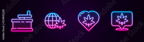 Set line Manual grinder, Legalize marijuana globe, Marijuana leaf heart and Location and cannabis. Glowing neon icon. Vector