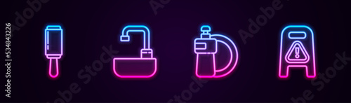 Set line Adhesive roller, Washbasin with water tap, Dishwashing liquid bottle and plate and Wet floor cleaning progress. Glowing neon icon. Vector