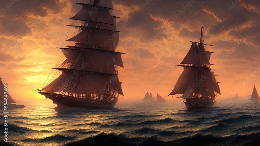 Fototapeta premium Vintage sailboat in the open sea under the night sky. Big full moon, reflection of light in the water. Fantasy sea landscape. 3D illustration.