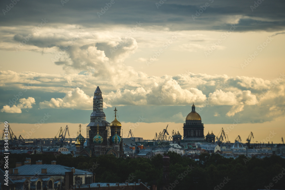 Sunset over the cityscape and skyline of Saint Petersburg, Russia