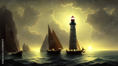 Vintage sailboat in the open sea under the night sky. Big full moon, reflection of light in the water. Fantasy sea landscape. 3D illustration. photo