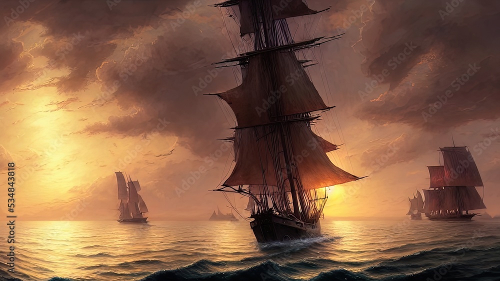 Fototapeta premium Vintage sailboat in the open sea under the night sky. Big full moon, reflection of light in the water. Fantasy sea landscape. 3D illustration.