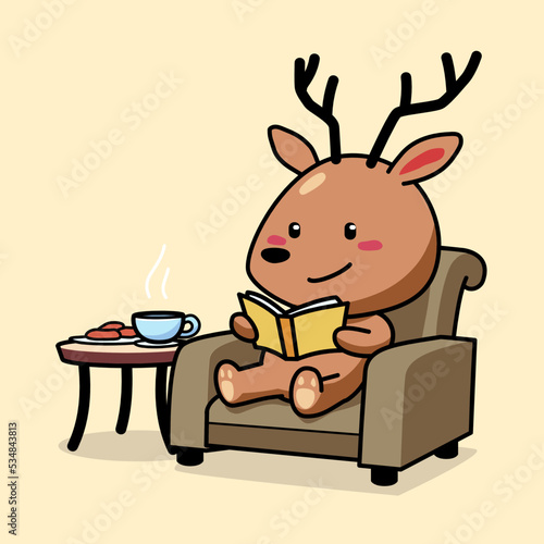 Cartoon illustration of cute deer sitting in the chair while reading a book