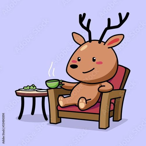 Cartoon illustration of cute deer sitting in the chair while holding a tea cup