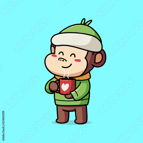 Cartoon illustration of cute monkey in winter clothes holding a cup of hot drink