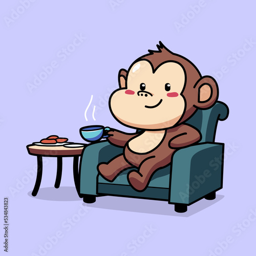 Cartoon illustration of cute monkey sitting in the chair while holding a tea cup