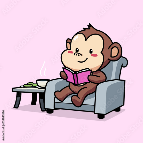 Cartoon illustration of cute monkey sitting in the chair while reading a book