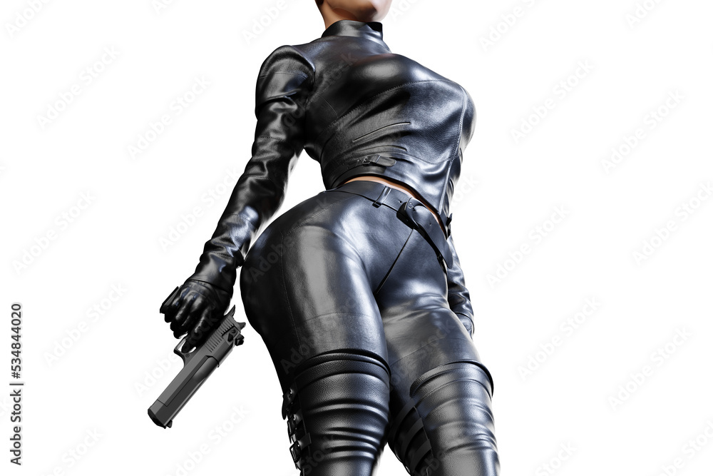 Fototapeta premium Sexy female assassin in glossy latex dress and panties and high heels on transparent background