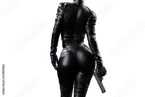 Sexy female assassin in glossy latex dress and panties and high heels on transparent background