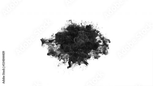 Black Color burst - smoke powder circle particle explosion. Pulsating shockwave particles in slow motion. Fluid ink alpha matte isolated on white 4k