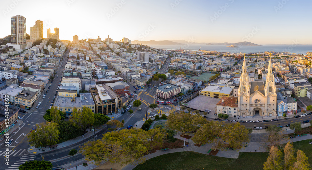 Aerial: amazing San Francisco cityscape during sunset. Drone view 
