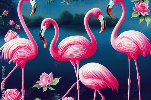 Two flamingos couple standing in lake, fantasy magical enchanted fairy tale landscape with pair of elegant birds, fairytale blooming pink rose flower garden on mysterious blue background in night.