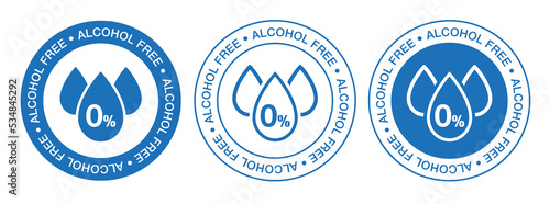 Alcohol free icon vector set. Stamp alcohol free. No alcohol sign, 0% symbol illustration. Label alcohol free 0%.