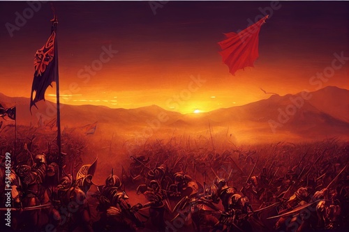 Fantasy battle scene with rised spears and flags on the sunset illustration