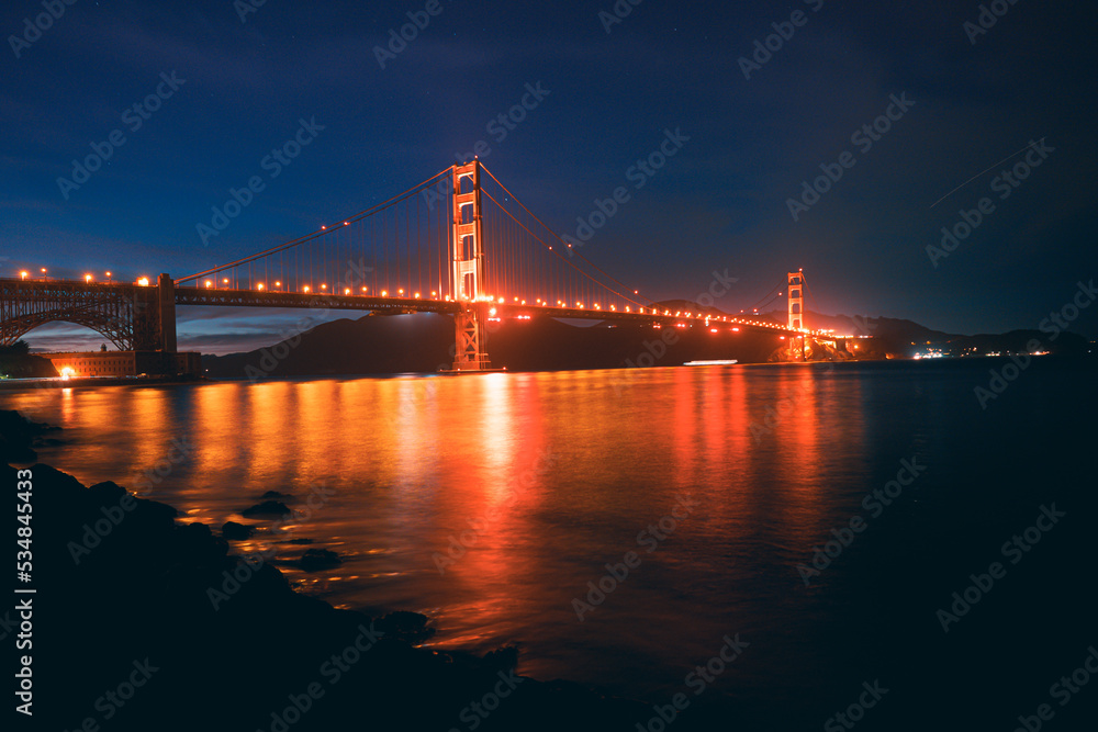 Panorama view of the Golden Gate Bridge at night
