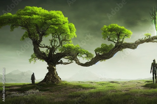Fantasy green tree ygdrasill with rune on the trunk and man, walking on the hill where an alien stand waiting to share the knowledge concept art 3D rendering. photo