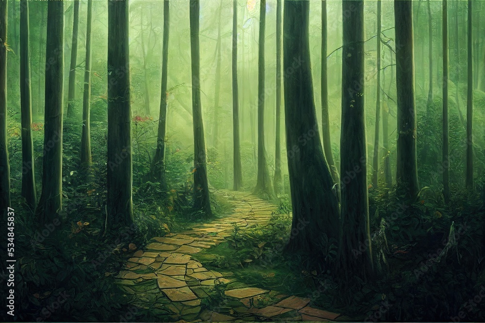 Fototapeta premium Fantasy inside forest background painting. High Quality Illustration