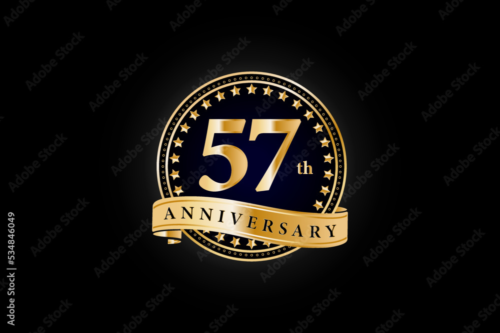 57th anniversary golden gold logo with gold ring and ribbon isolated on black background, vector design for celebration. 57th anniversary golden gold logo with gold ring and ribbon isolated on black background, vector design for celebration.
