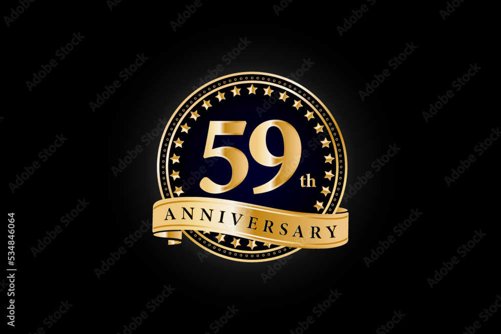 59th anniversary golden gold logo with gold ring and ribbon isolated on black background, vector design for celebration. 59th anniversary golden gold logo with gold ring and ribbon isolated on black background, vector design for celebration.