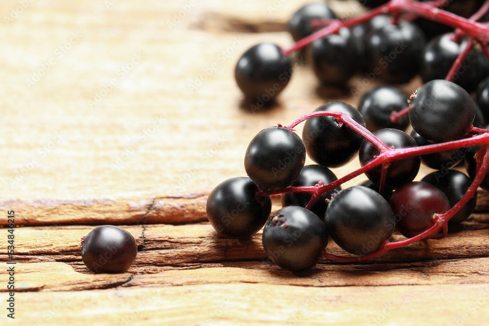 Black elderberries (Sambucus) on wooden table, closeup. Space for text Black elderberries (Sambucus) on wooden table, closeup. Space for text