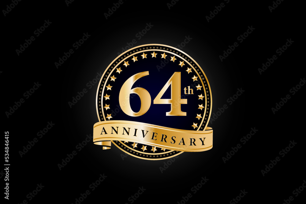 64th anniversary golden gold logo with gold ring and ribbon isolated on black background, vector design for celebration. 64th anniversary golden gold logo with gold ring and ribbon isolated on black background, vector design for celebration.