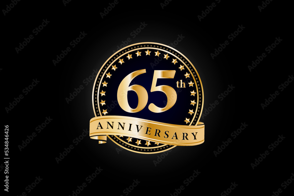65th anniversary golden gold logo with gold ring and ribbon isolated on black background, vector design for celebration. 65th anniversary golden gold logo with gold ring and ribbon isolated on black background, vector design for celebration.