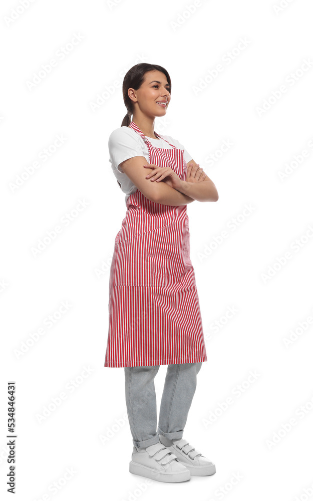 Young woman in red striped apron on white background Young woman in red striped apron on white background