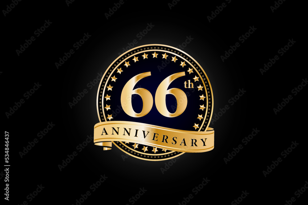 66th anniversary golden gold logo with gold ring and ribbon isolated on black background, vector design for celebration. 66th anniversary golden gold logo with gold ring and ribbon isolated on black background, vector design for celebration.