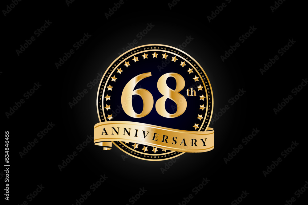 68th anniversary golden gold logo with gold ring and ribbon isolated on black background, vector design for celebration. 68th anniversary golden gold logo with gold ring and ribbon isolated on black background, vector design for celebration.