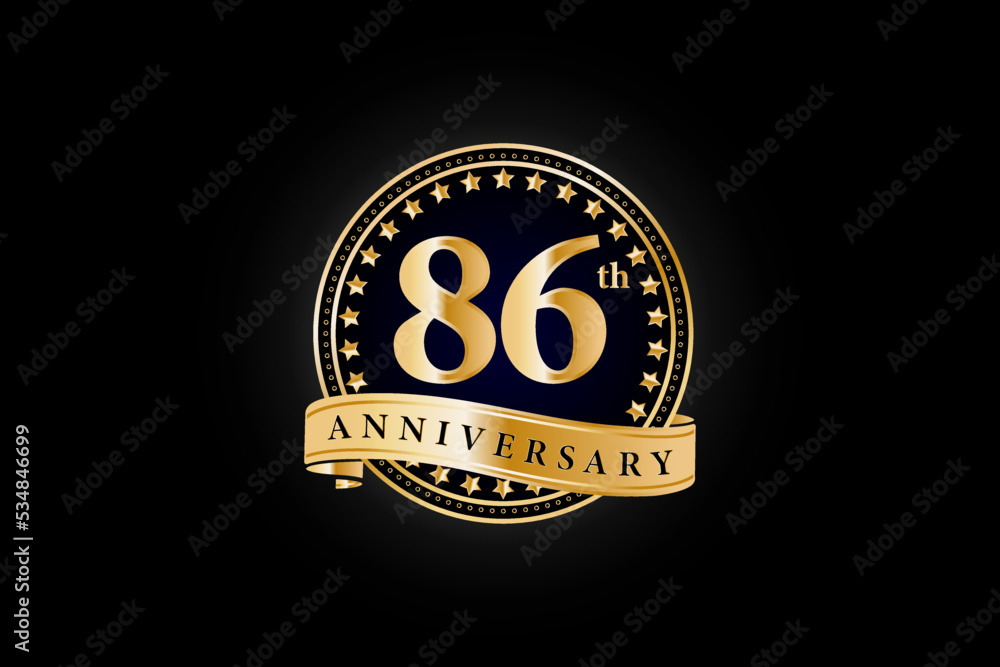 86th anniversary golden gold logo with gold ring and ribbon isolated on black background, vector design for celebration. 86th anniversary golden gold logo with gold ring and ribbon isolated on black background, vector design for celebration.