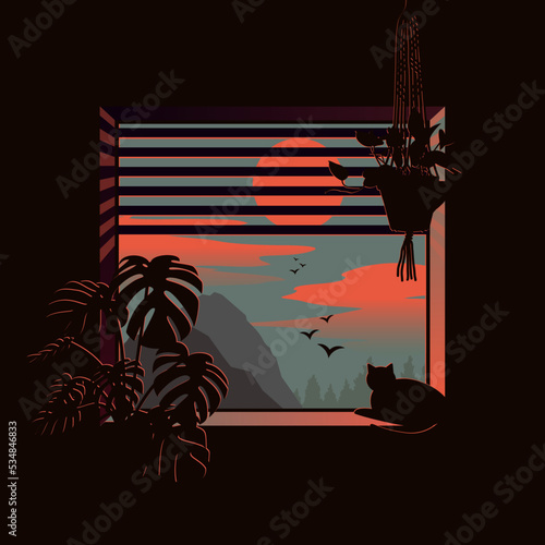View from the window to the sunset or sunrise inside a cozy house with a cat looking out the window at the birds. Dream mountain landscape and trees. A shadow from the sun falls on flowers. Vector.