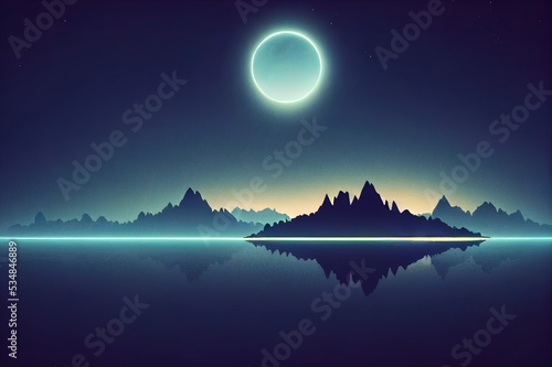 Futuristic night landscape with abstract landscape and island  moonlight  shine. Dark natural scene with reflection of light in the water  neon blue light. 3D illustration