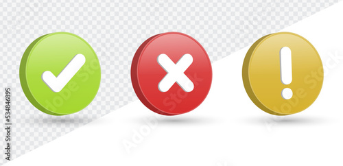 3d checkmark icon button in speech bubble. correct and incorrect sign with with exclamation mark sign information icon or check mark box frame with green tick and red cross symbols. yes or no 3d icons
